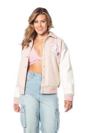 Beige White Juicy Couture Convertible Collar Varsity Jacket | JC-SN651672