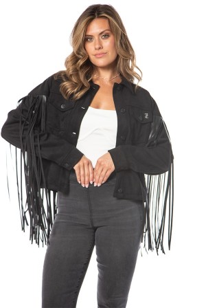 Black Juicy Couture Faux Leather Fringe Trucker Jacket | JC-SN651675