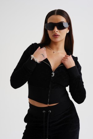 Black Juicy Couture Luxe Velour Zip Corset Hoodie | JC-SN652145