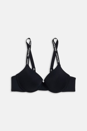 Black Juicy Couture Shiny Tape Logo Plunge Bra | JC-SN652244