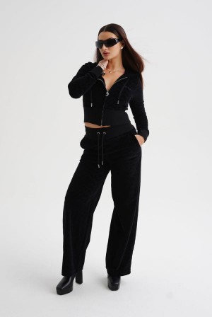 Black Juicy Couture Wide Leg Arched Monogram Luxe Velour Track Pant | JC-SN652144