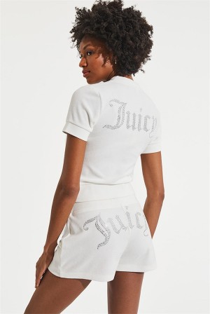 Bleached White Juicy Couture Short Sleeve Big Bling Cotton Velour Zip-up | JC-SN651613