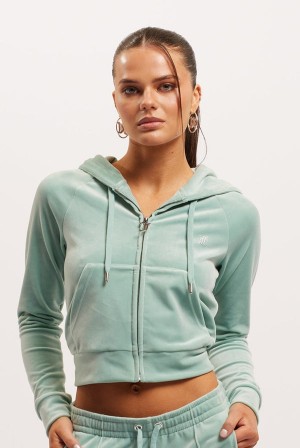 Blue Surf Juicy Couture Diamante Velour Zip-through Hoodie | JC-SN652112