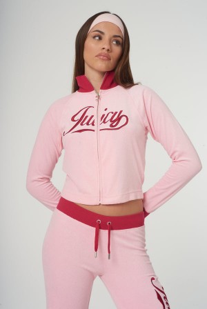 Candy Pink Juicy Couture Towelling Retro Logo Cropped Track Top | JC-SN651951