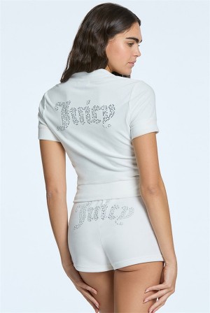 Cream Soda Juicy Couture Pearly Big Bling Short Sleeve Velour Zip Up | JC-SN651520