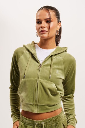 Mosstone Juicy Couture Diamante Velour Zip-through Hoodie | JC-SN651984