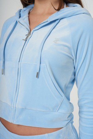 Powder Blue Juicy Couture Diamante Velour Zip-through Hoodie | JC-SN651974