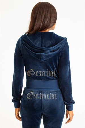 Regal Blue Juicy Couture Gemini Big Bling Velour Hoodie | JC-SN651548