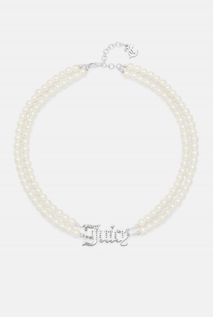 Silver Juicy Couture Double Row Pearl Pavè Crystal Juicy Choker | JC-SN652364