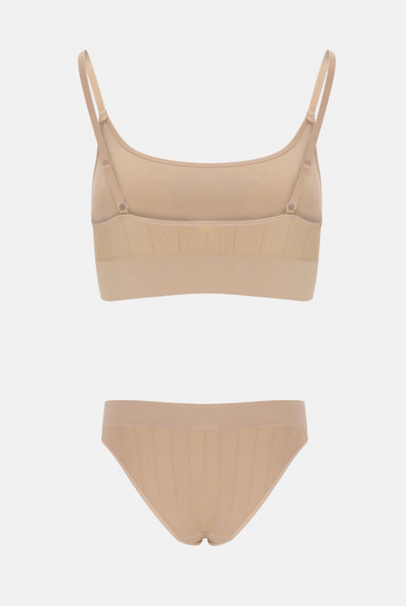 Beige Juicy Couture Camel Ribbed Underwear Set | JC-SN652242