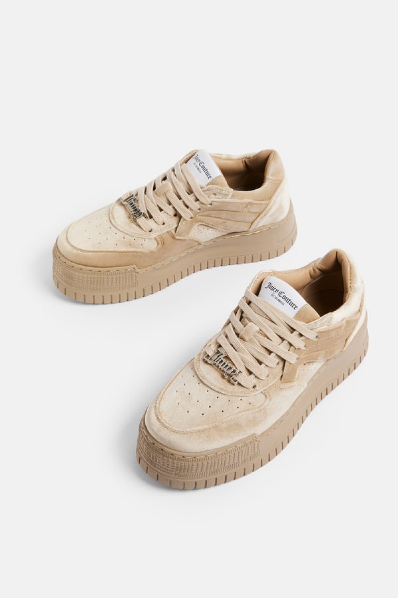 Beige Juicy Couture Stacked Velvet Sneaker | JC-SN652183