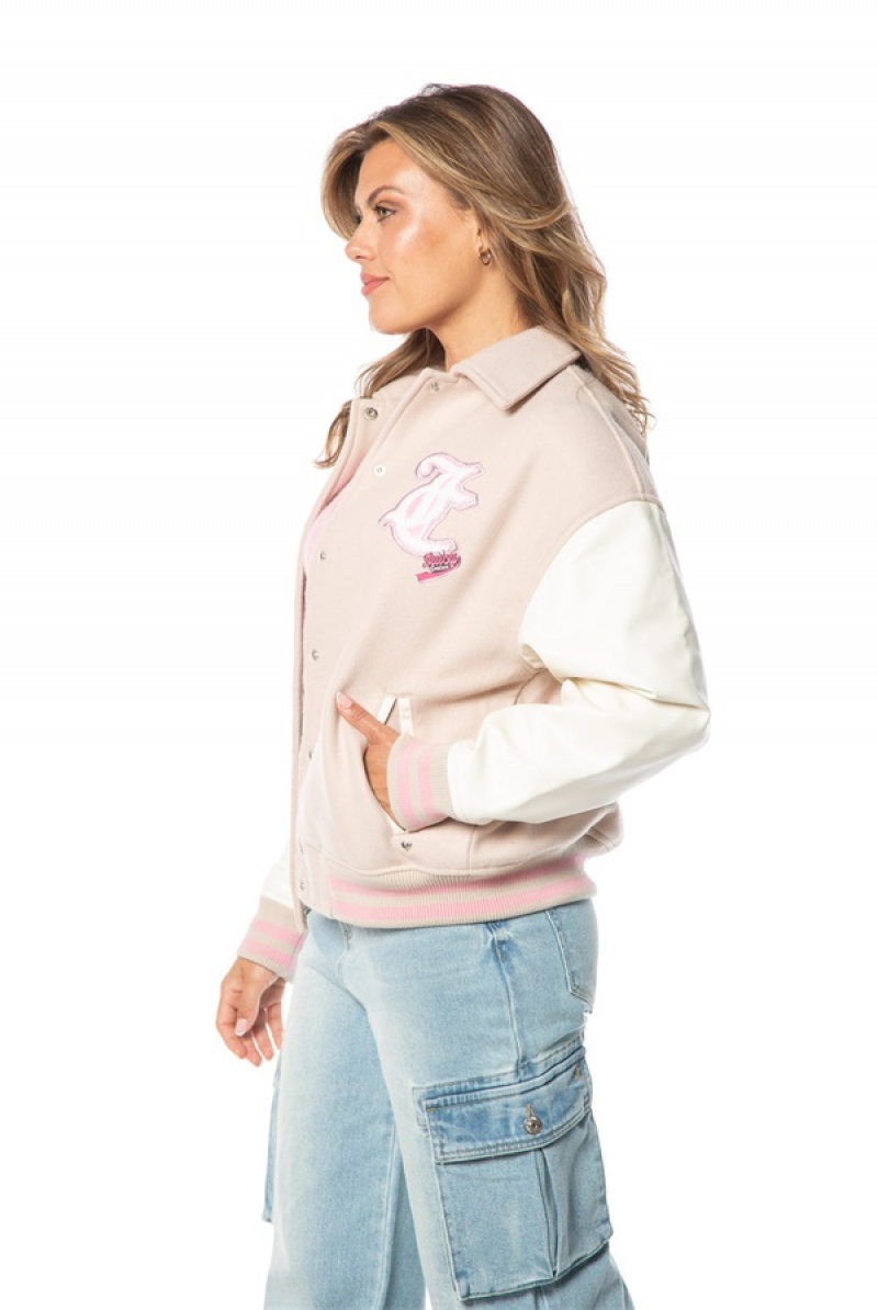 Beige White Juicy Couture Convertible Collar Varsity Jacket | JC-SN651672