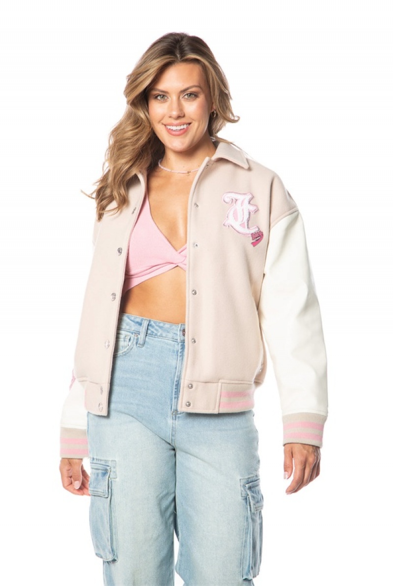 Beige White Juicy Couture Convertible Collar Varsity Jacket | JC-SN651672