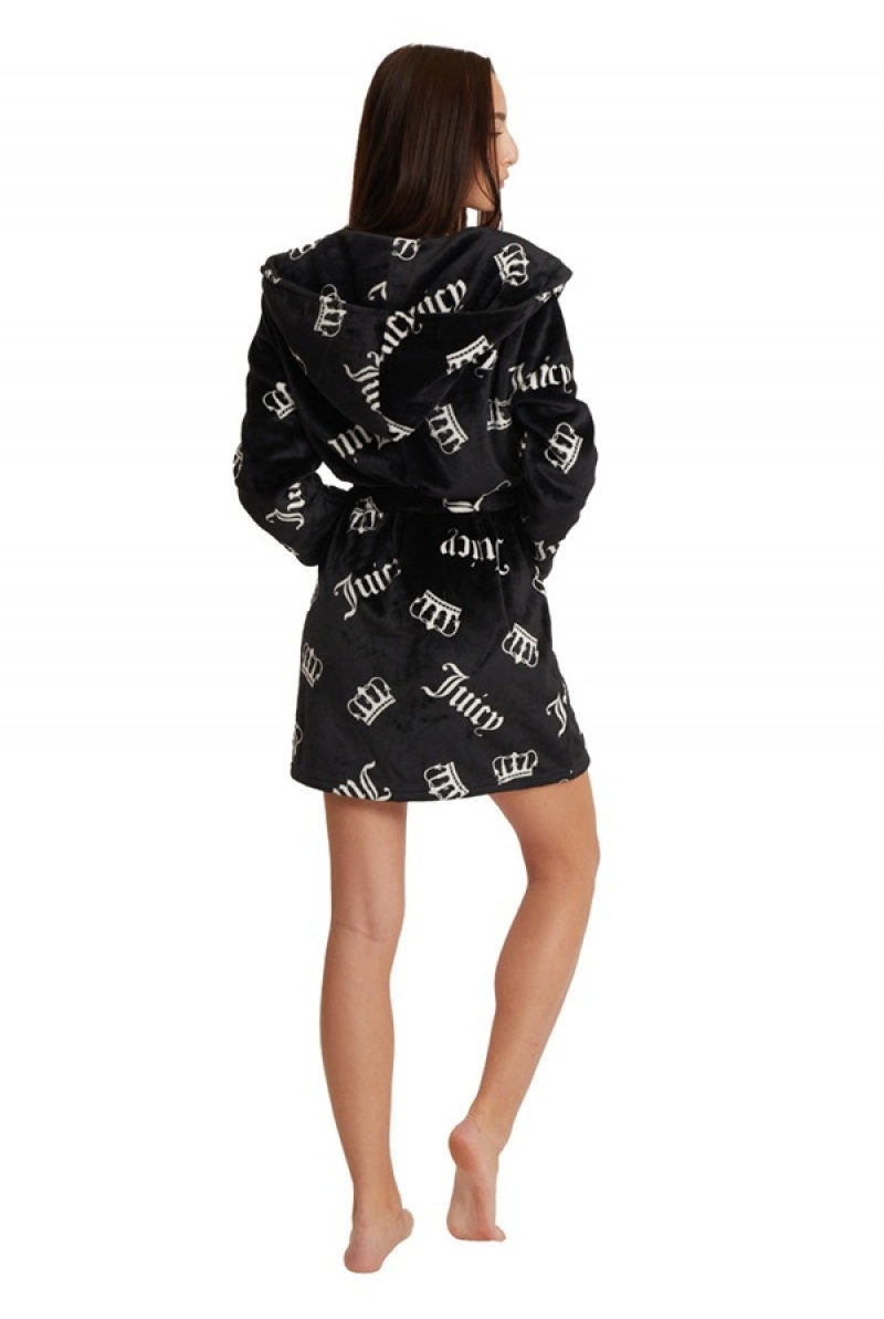 Black JC Crowns Juicy Couture Hooded Luxe Plush Robe | JC-SN651788