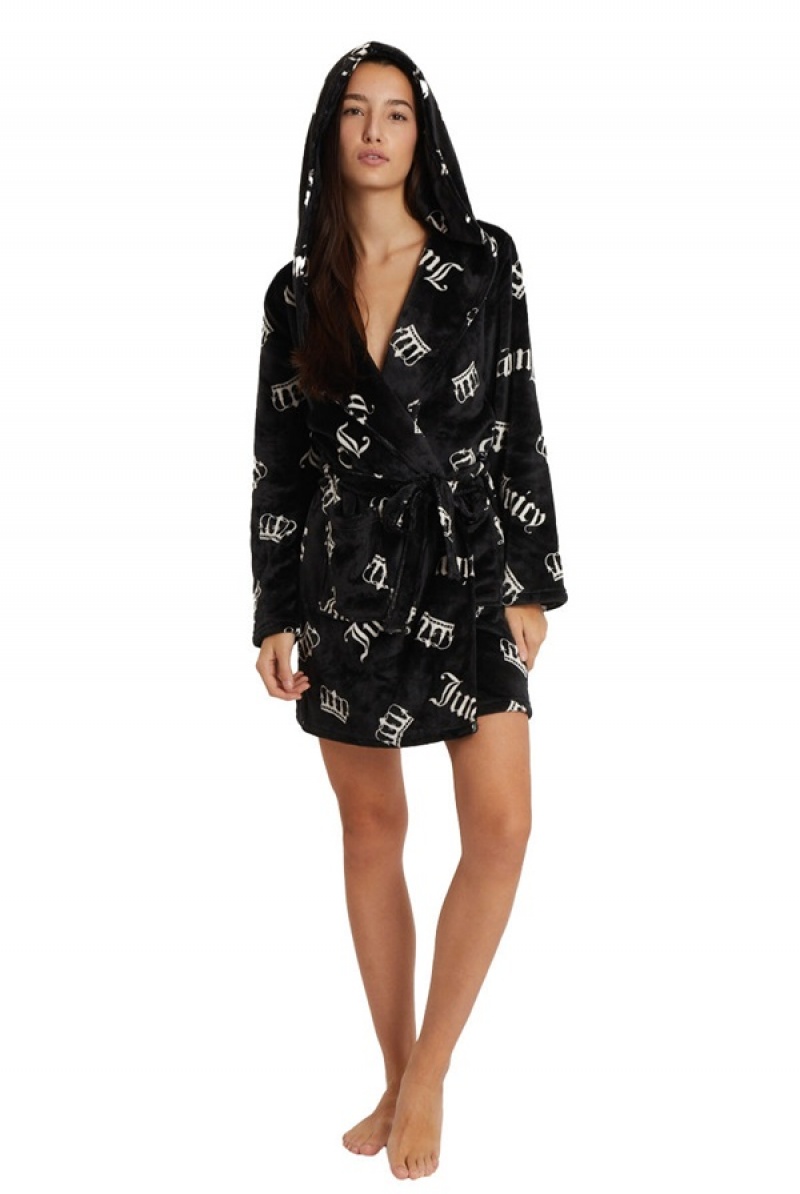 Black JC Crowns Juicy Couture Hooded Luxe Plush Robe | JC-SN651788