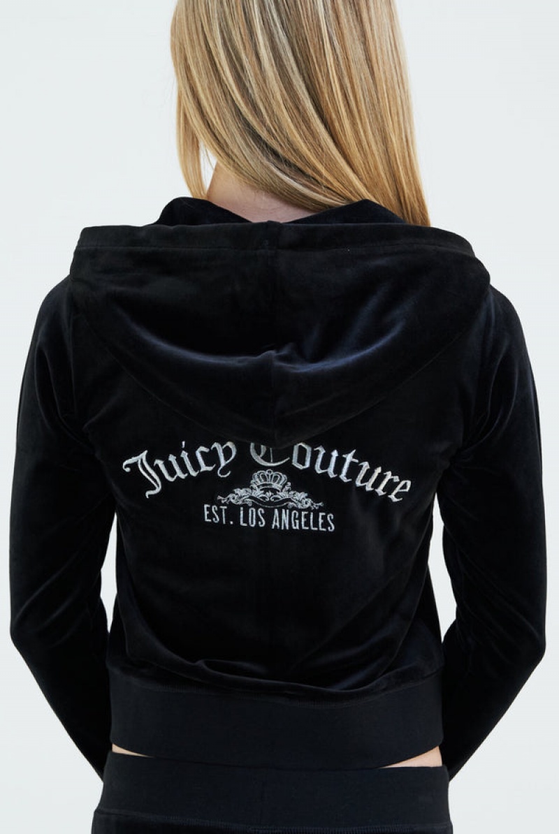 Black Juicy Couture Arch Embroide Zip Through Classic Velour Hoodie | JC-SN652091