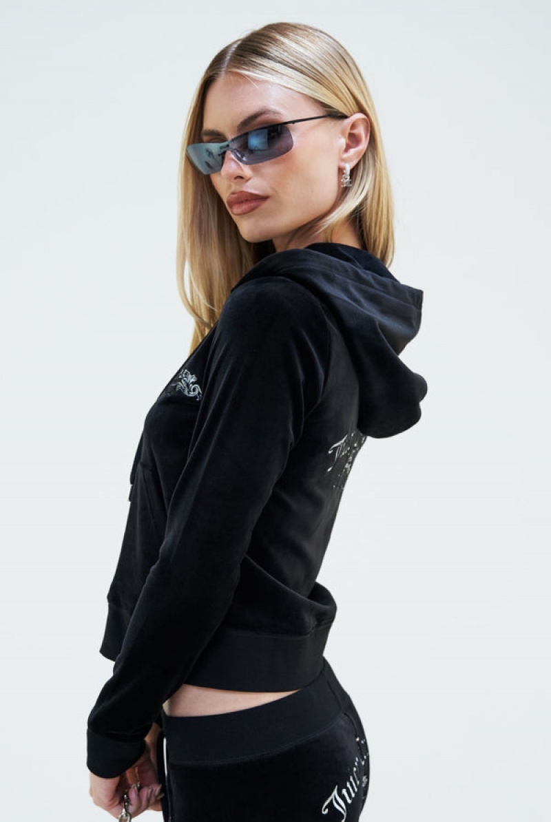 Black Juicy Couture Arch Embroide Zip Through Classic Velour Hoodie | JC-SN652091