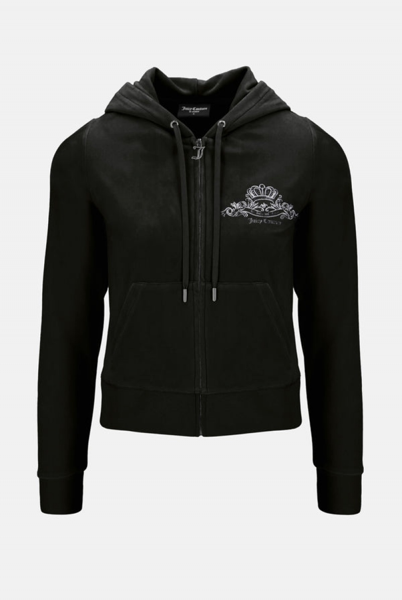 Black Juicy Couture Arch Embroide Zip Through Classic Velour Hoodie | JC-SN652091