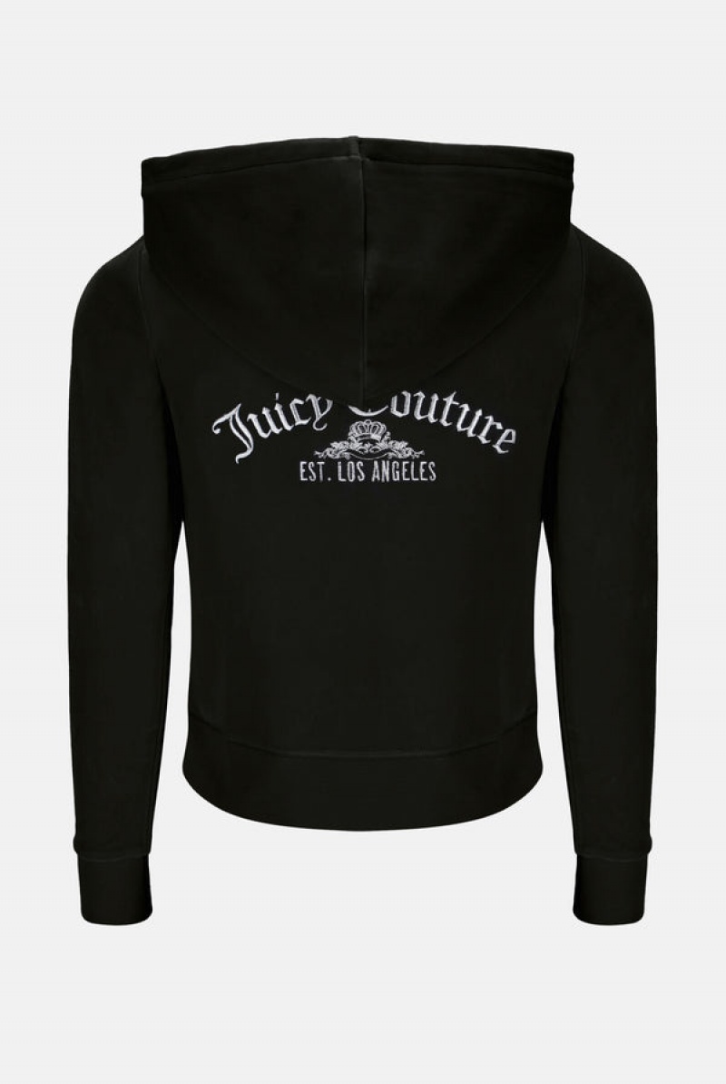 Black Juicy Couture Arch Embroide Zip Through Classic Velour Hoodie | JC-SN652091