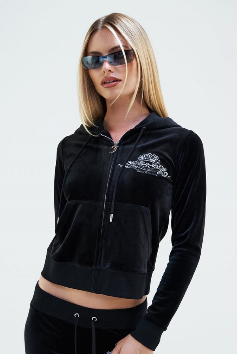 Black Juicy Couture Arch Embroide Zip Through Classic Velour Hoodie | JC-SN652091