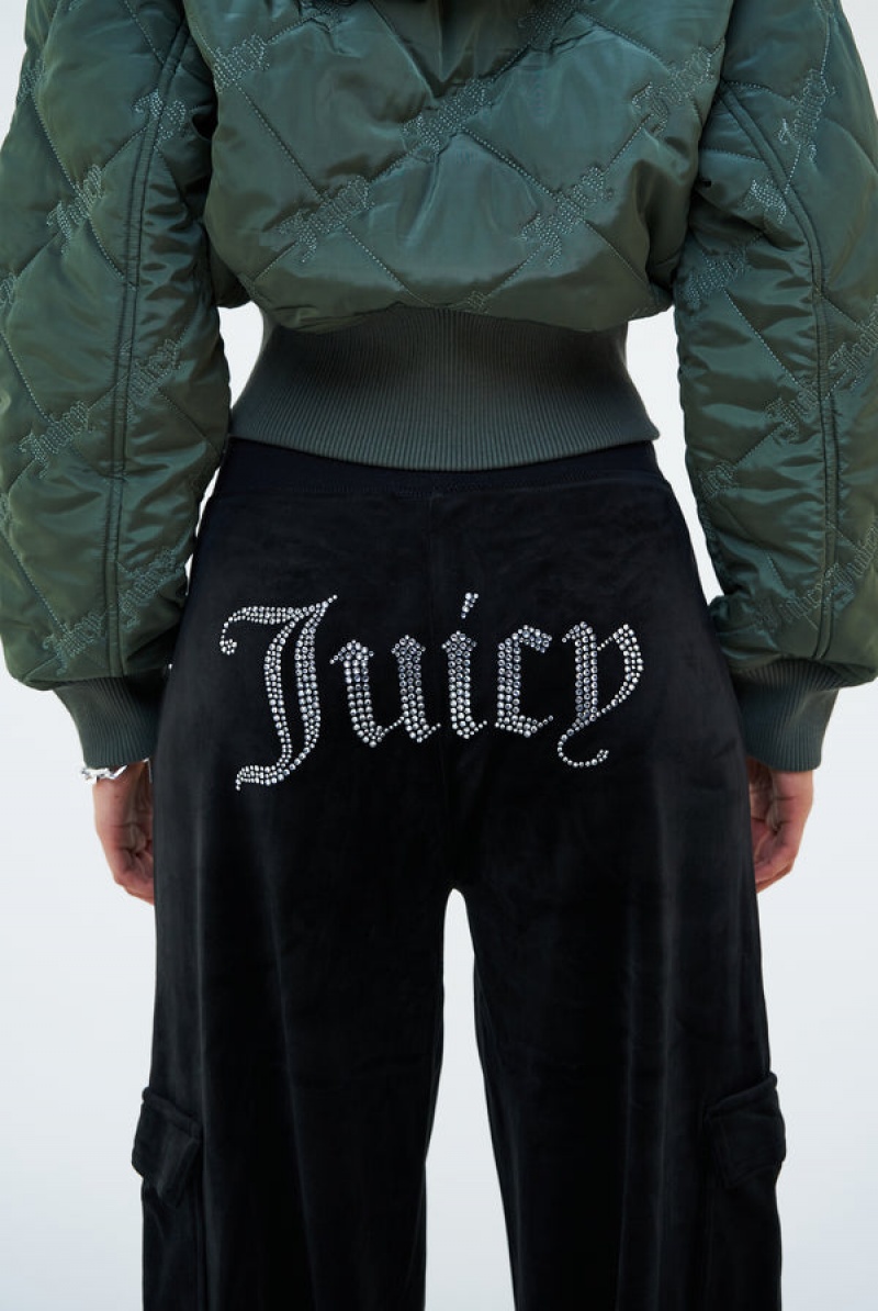 Black Juicy Couture Cargo Velour Diamante Trouser | JC-SN652092