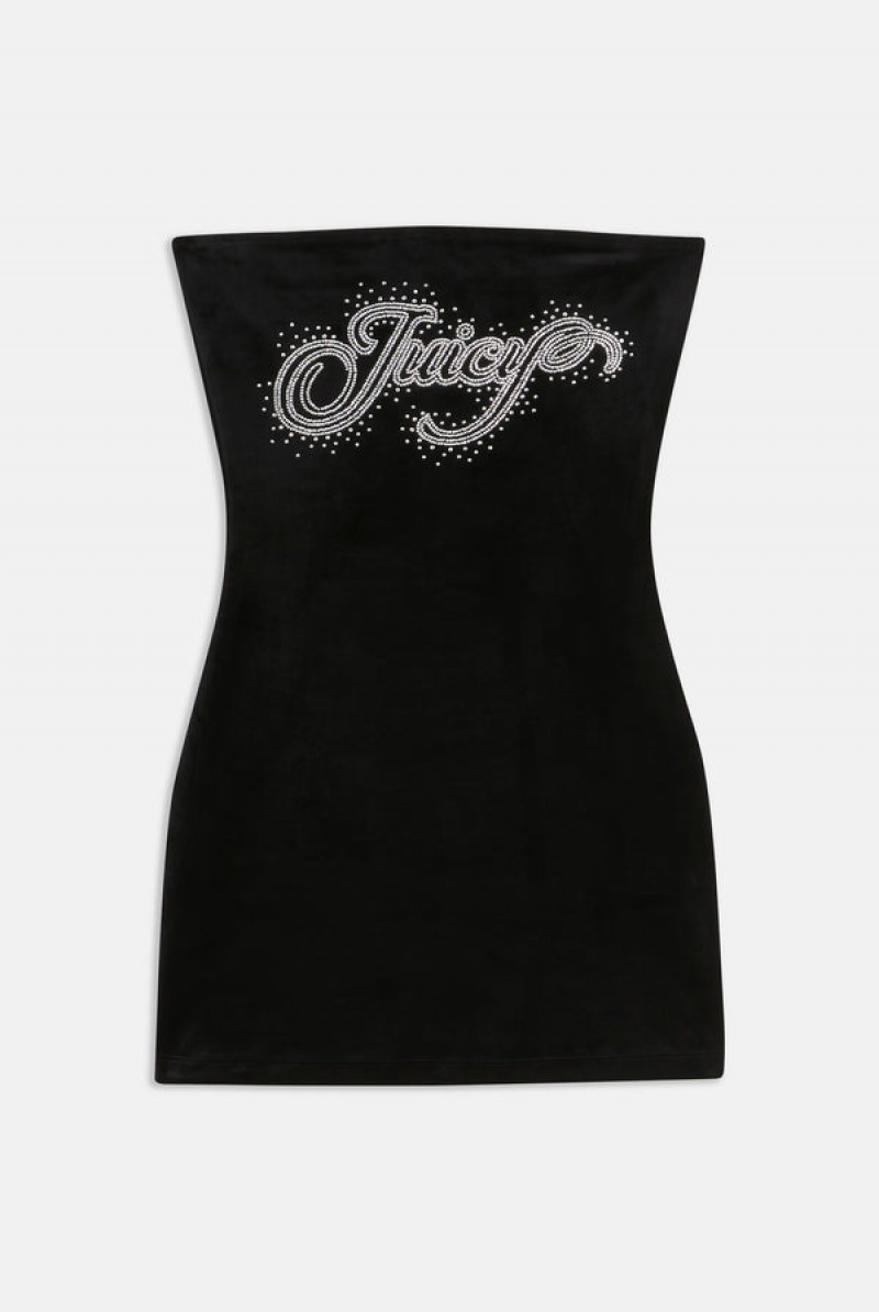 Black Juicy Couture Classic Velour Bandeau Scatter Diamante Mini Dress | JC-SN652287