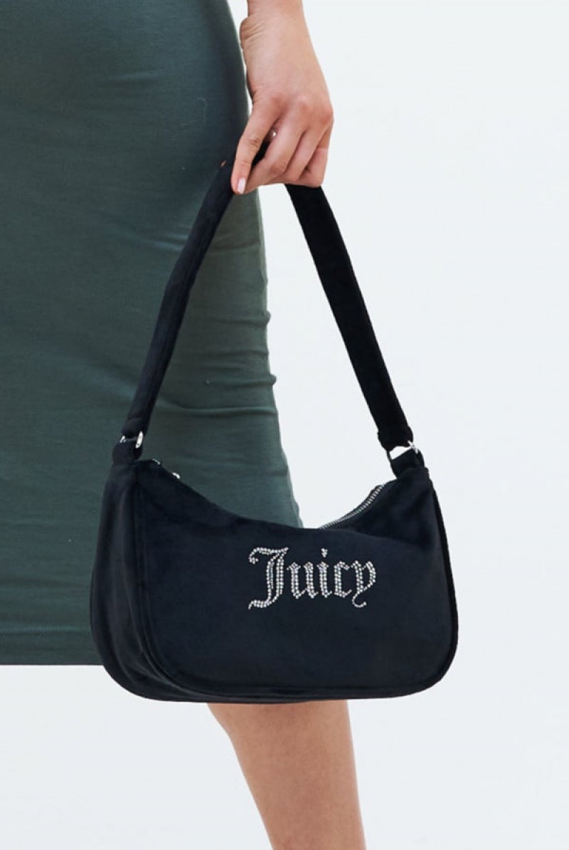 Black Juicy Couture Diamante Velour Shoulder Bag | JC-SN652214