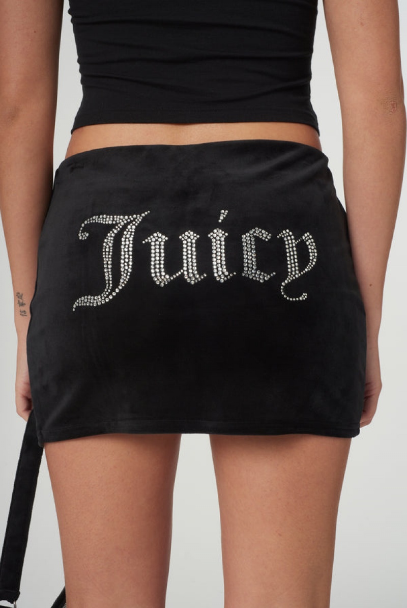 Black Juicy Couture Diamante Velour Split Mini Skirt | JC-SN652295