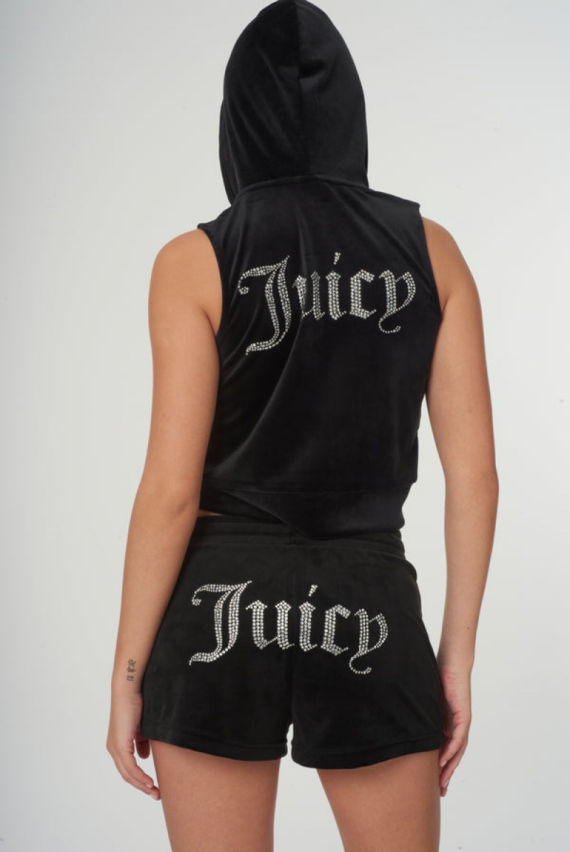 Black Juicy Couture Diamante Velour Zip-through Gilet | JC-SN651964