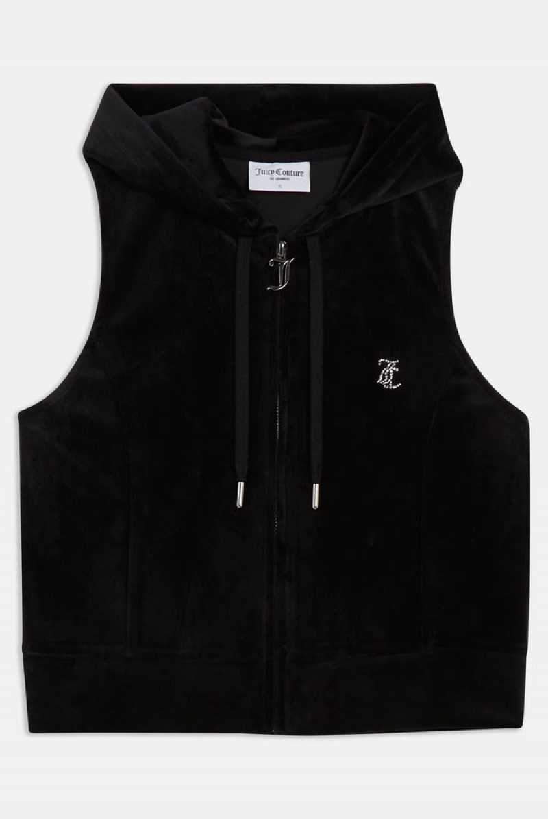 Black Juicy Couture Diamante Velour Zip-through Gilet | JC-SN651964