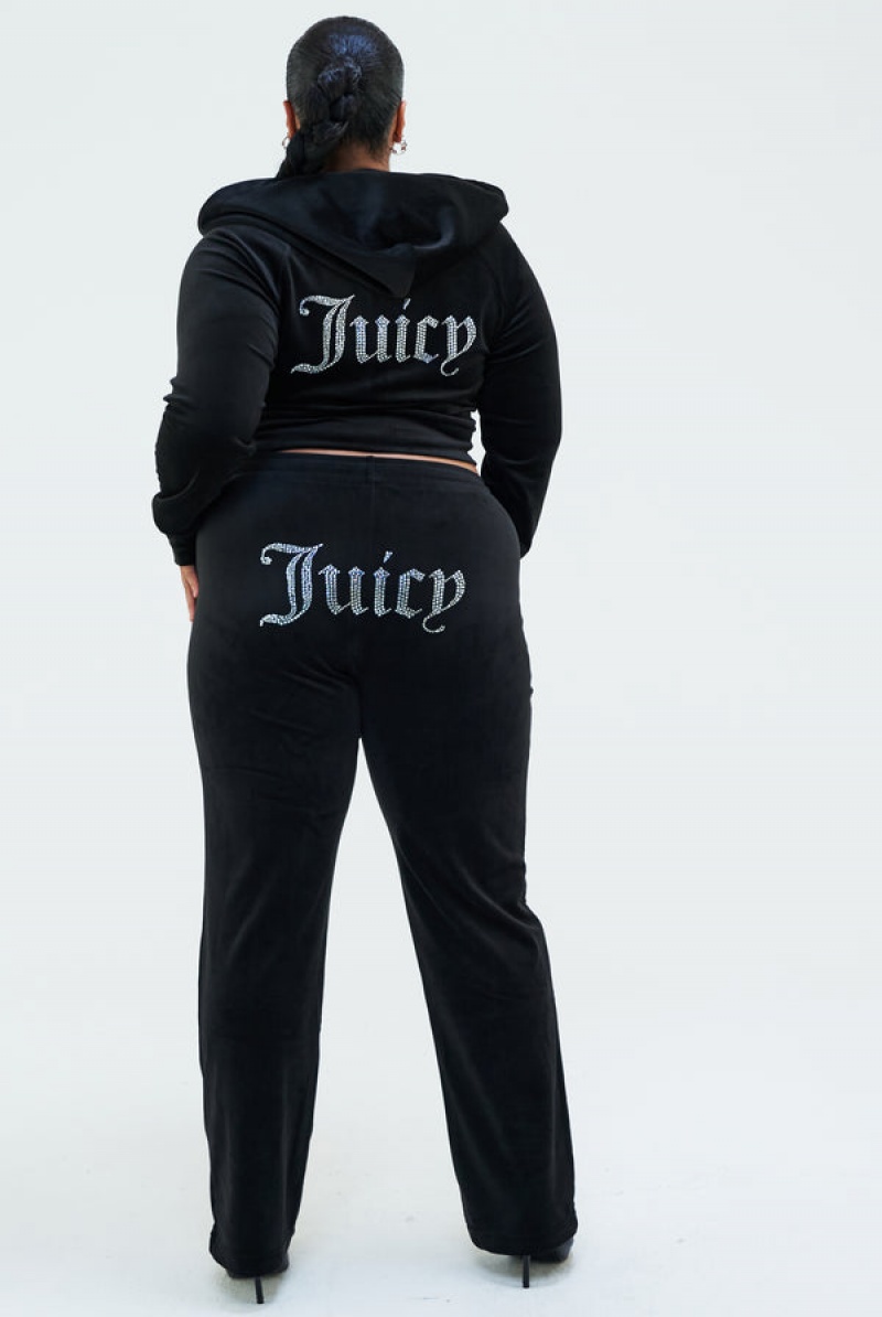 Black Juicy Couture Diamante Velour Zip-through Hoodie | JC-SN652153