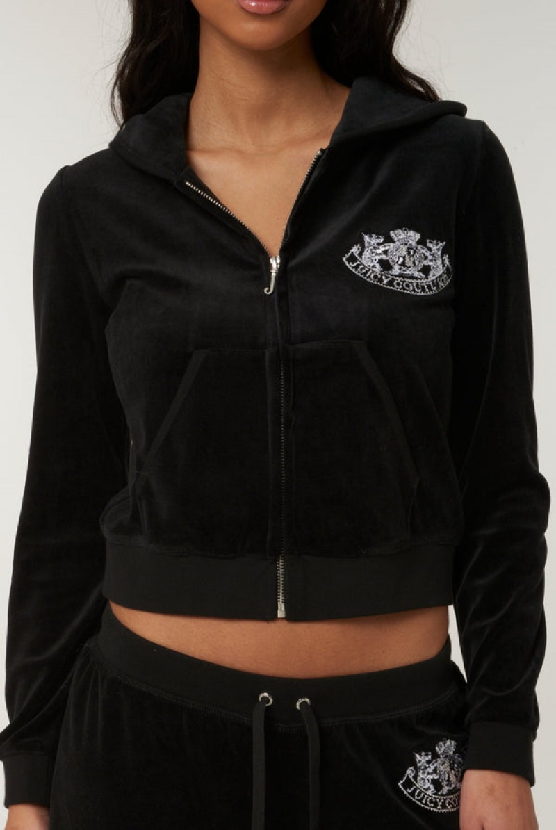 Black Juicy Couture Dog Crest Bamboo Velour Heritage Hoodie | JC-SN652174