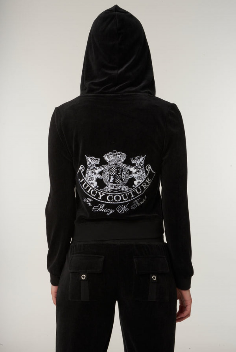 Black Juicy Couture Dog Crest Bamboo Velour Heritage Hoodie | JC-SN652174