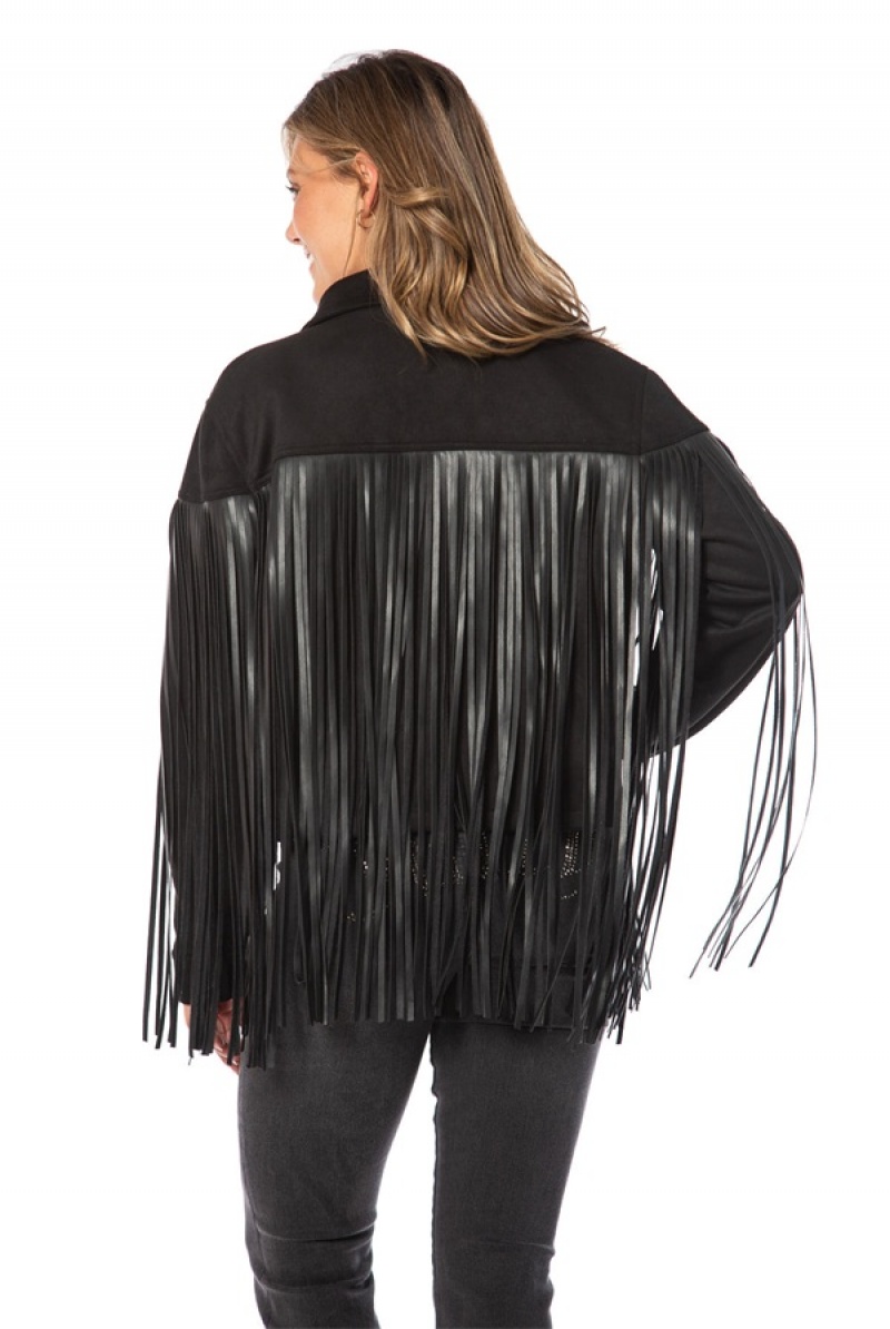 Black Juicy Couture Faux Leather Fringe Trucker Jacket | JC-SN651675