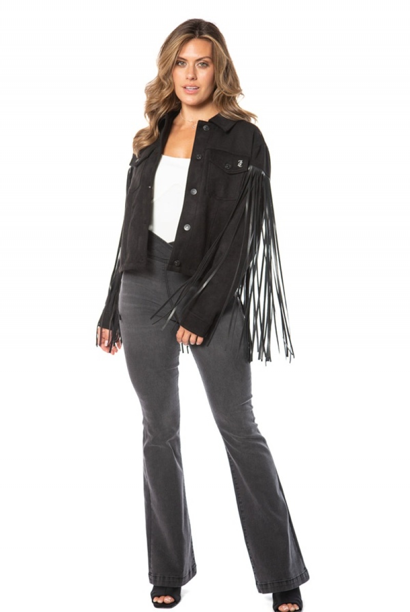 Black Juicy Couture Faux Leather Fringe Trucker Jacket | JC-SN651675