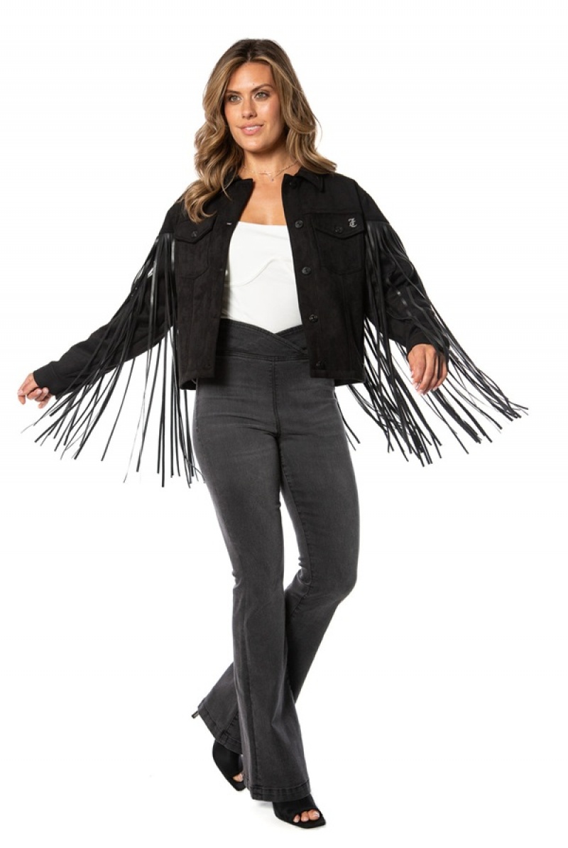 Black Juicy Couture Faux Leather Fringe Trucker Jacket | JC-SN651675