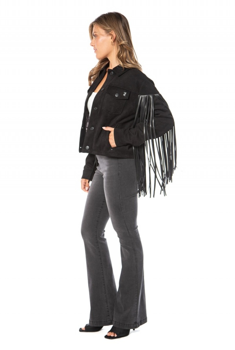 Black Juicy Couture Faux Leather Fringe Trucker Jacket | JC-SN651675