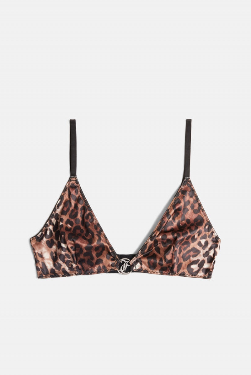 Black Juicy Couture Leopard Print Satin Charm Triangle Bra | JC-SN652261