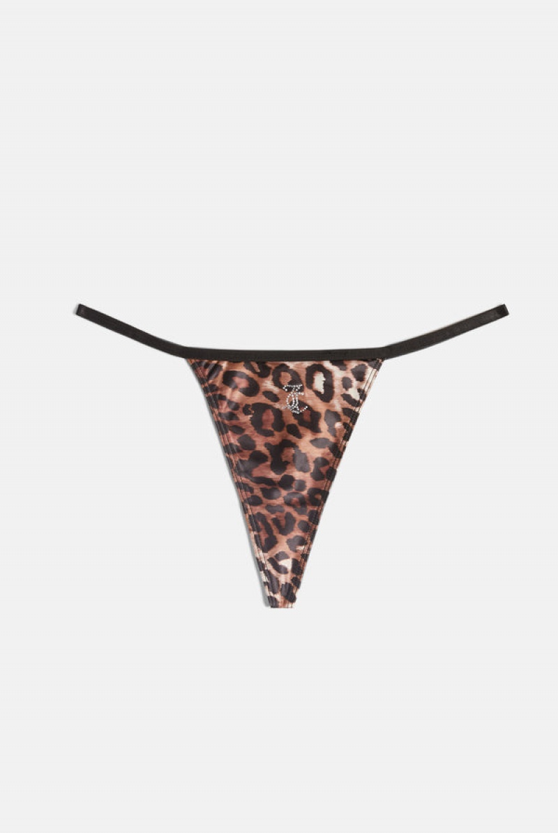 Black Juicy Couture Leopard Print Satin T-bar Charm Thong | JC-SN652262