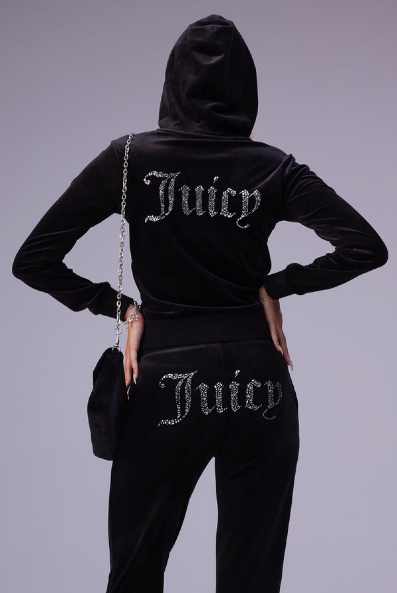 Black Juicy Couture Mixed Crystal Classic Velour Robertson Hoodie | JC-SN652066