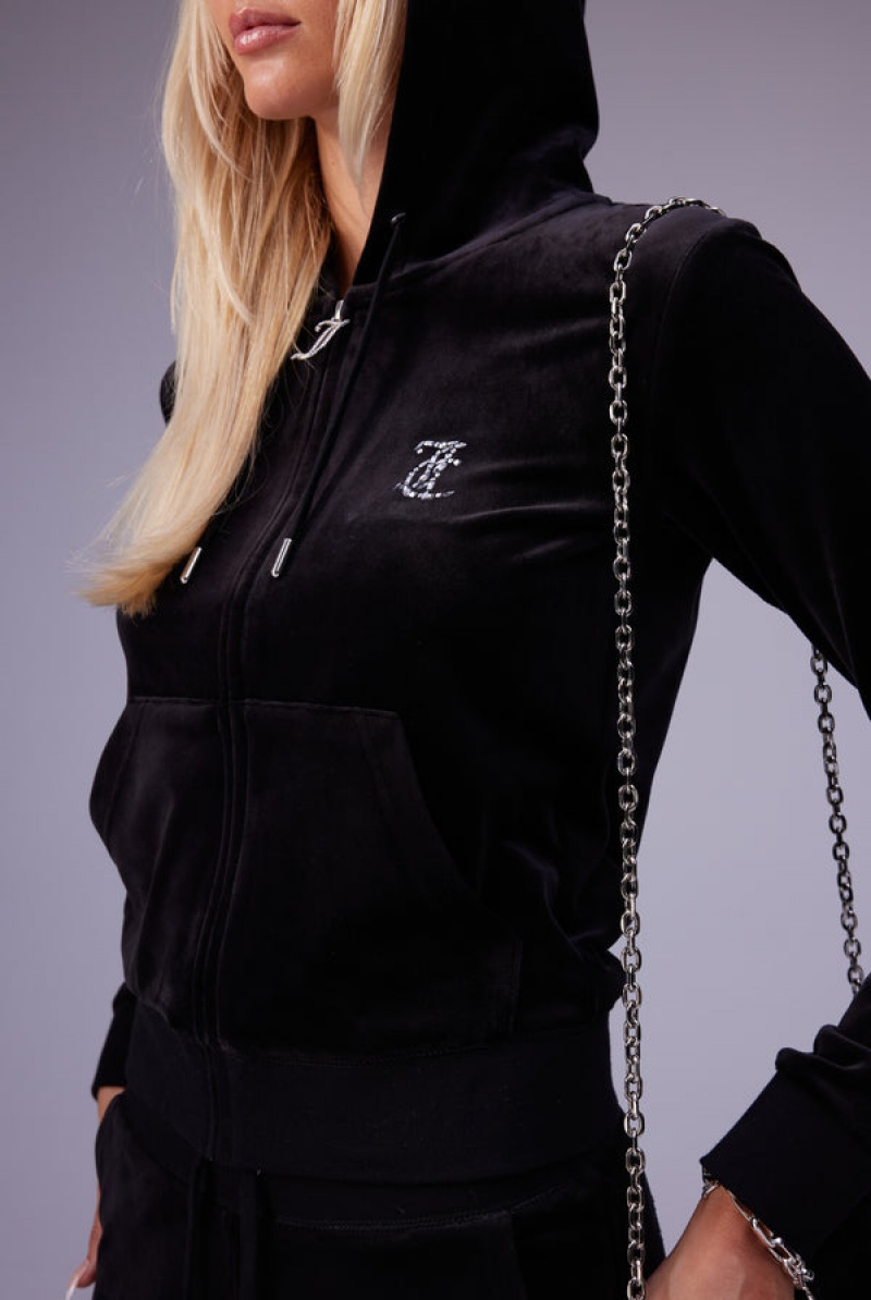 Black Juicy Couture Mixed Crystal Classic Velour Robertson Hoodie | JC-SN652066