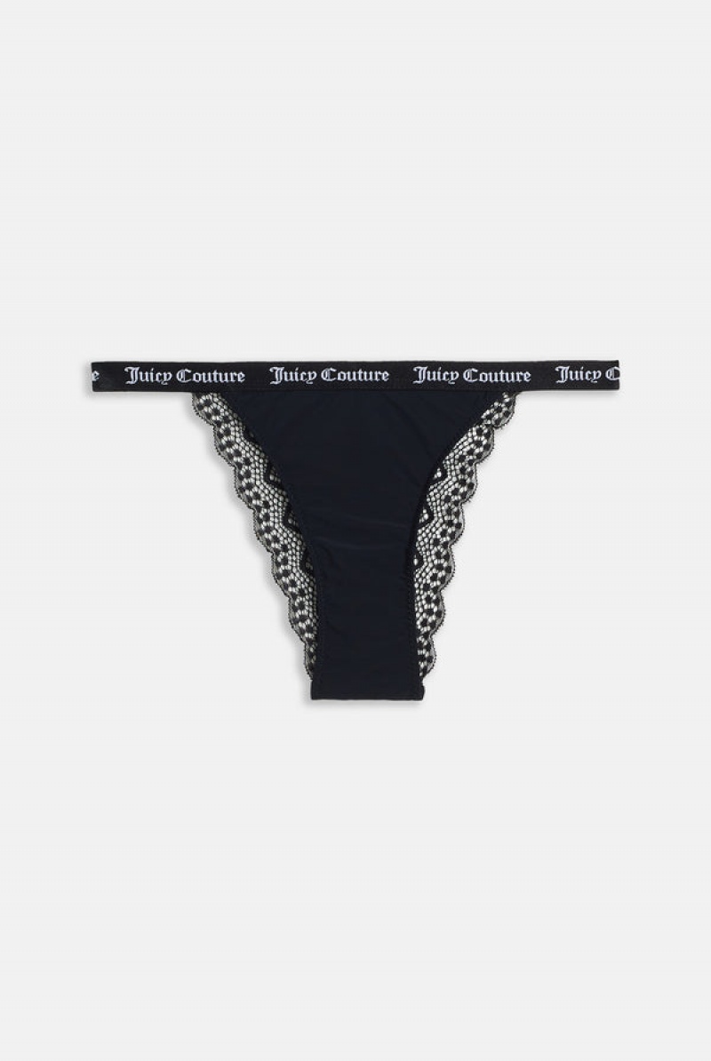 Black Juicy Couture Pack Of 3 Lace Trim Tanga Thongs | JC-SN652280