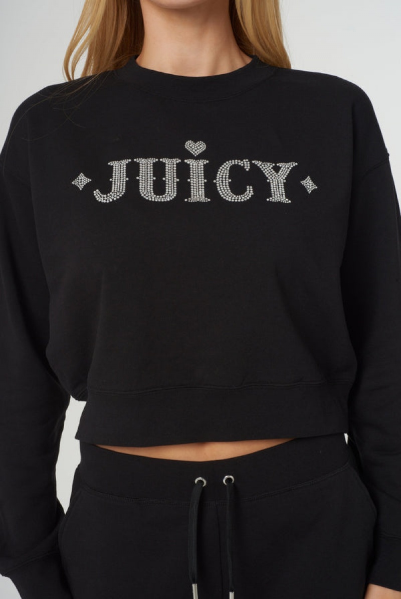 Black Juicy Couture Rodeo Diamante Cropped Cosy Fleece Sweat | JC-SN652284