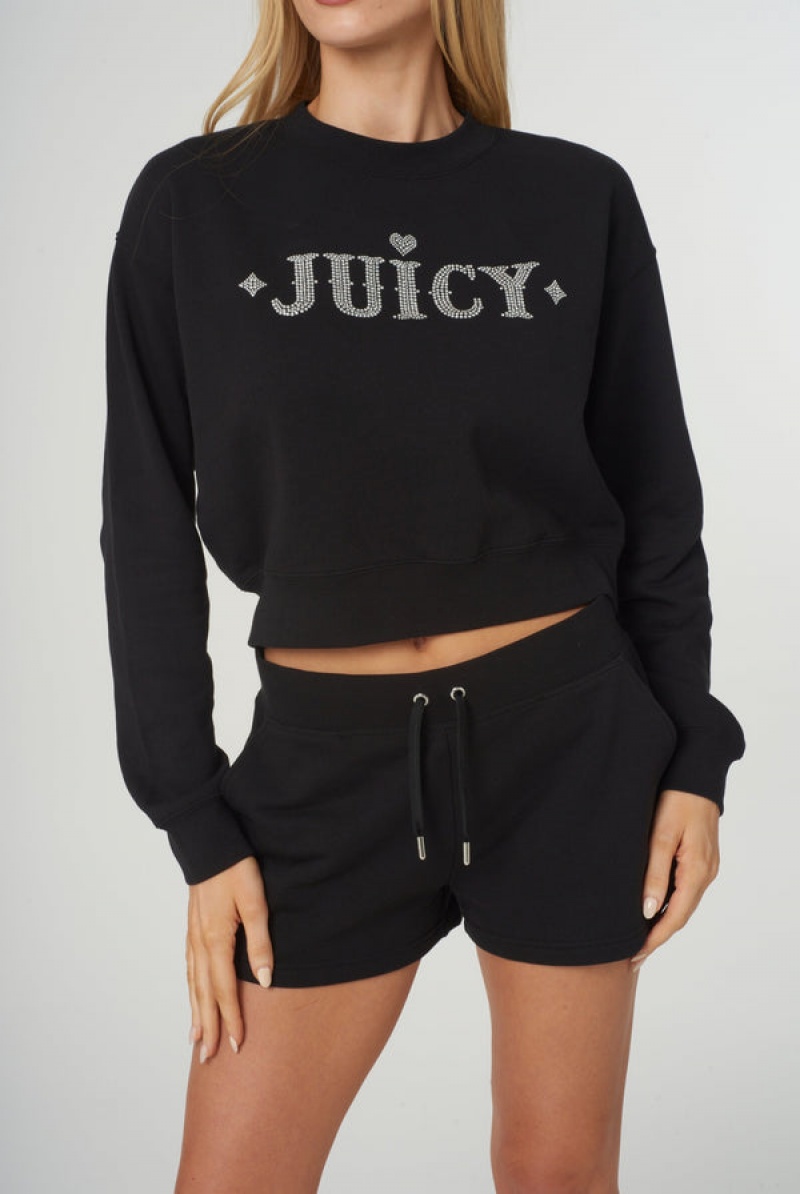 Black Juicy Couture Rodeo Diamante Cropped Cosy Fleece Sweat | JC-SN652284