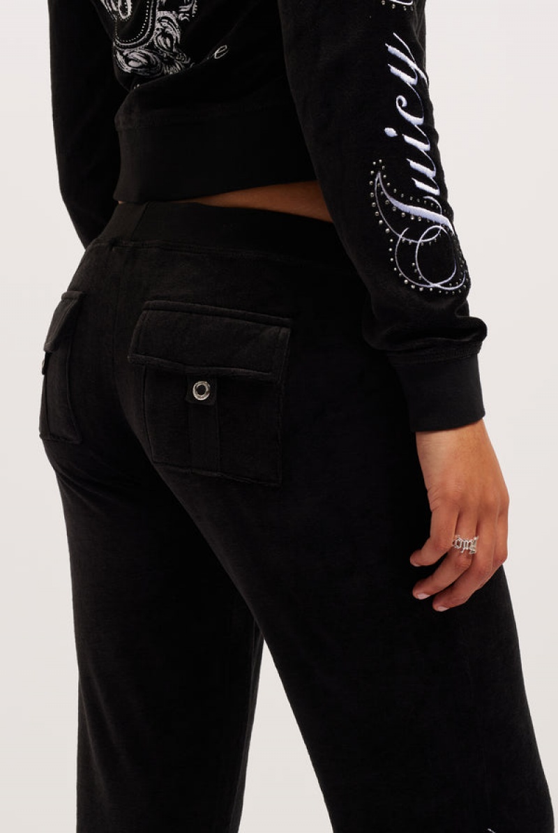 Black Juicy Couture Ultra Low Rise Bamboo Velour Heritage Crest Pocketed Bottoms | JC-SN652159