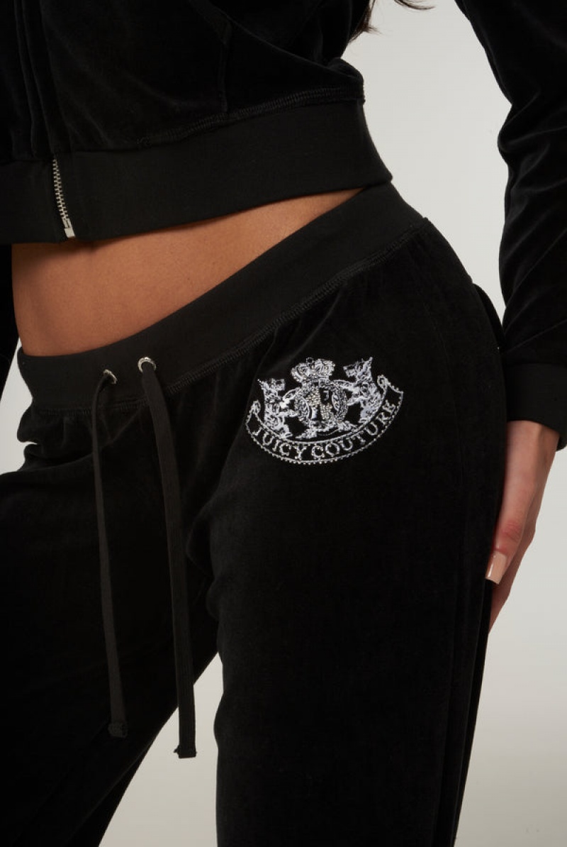 Black Juicy Couture Ultra Low Rise Bamboo Velour Heritage Dog Crest Pocketed Bottoms | JC-SN652172