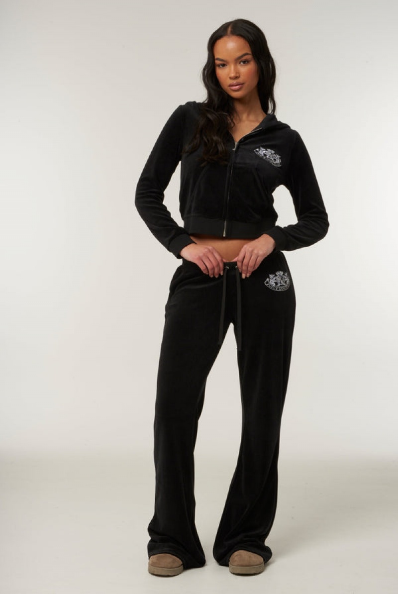 Black Juicy Couture Ultra Low Rise Bamboo Velour Heritage Dog Crest Pocketed Bottoms | JC-SN652172