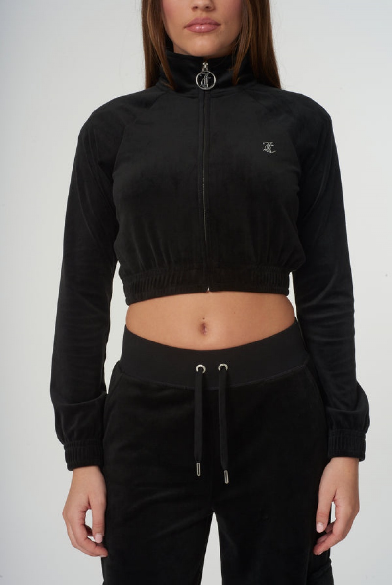 Black Juicy Couture Velour Diamante Cropped Tracktop | JC-SN652000