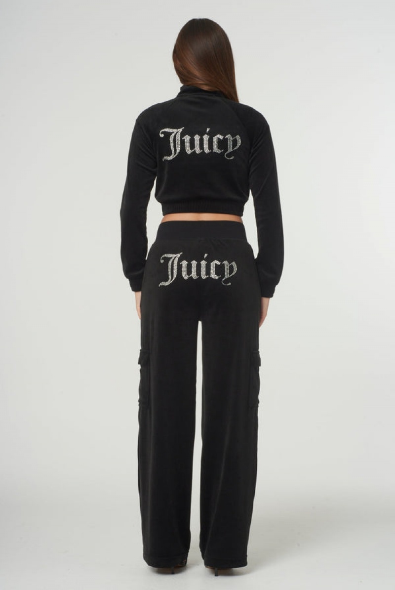 Black Juicy Couture Velour Diamante Cropped Tracktop | JC-SN652000