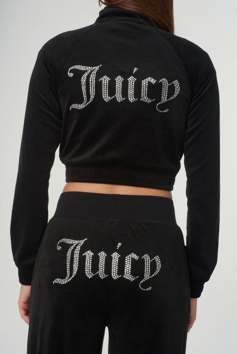 Black Juicy Couture Velour Diamante Cropped Tracktop | JC-SN652000